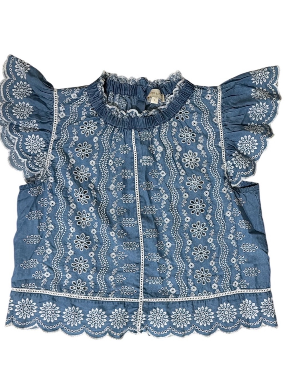 JENNIFER AND GRACE Blue Chambry Embroidered Flutter Sleeve Top